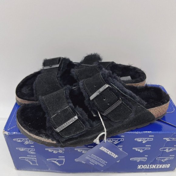 NEW Birkenstock Arizona Shearling Sandal Black Suede Leather EU 39 US 8- 8.5